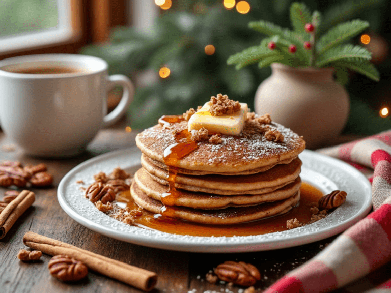 Plate of gingerbread pancakes topped with syrup and pecans, set on a holiday table with coffee and festive decor.