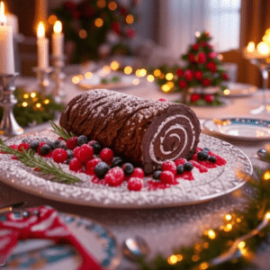 A chocolate yule log served on a festive dinner table with berries, candles, and holiday decor.