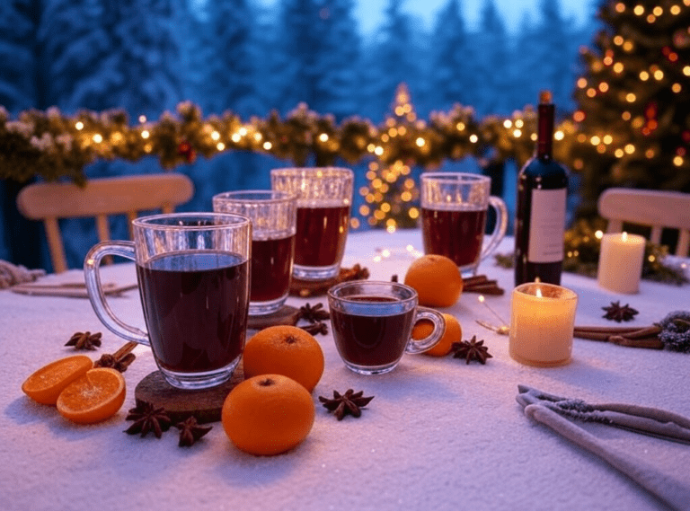 A long dining table outdoors, set with mugs of mulled wine, oranges, and candles, surrounded by Christmas decorations.