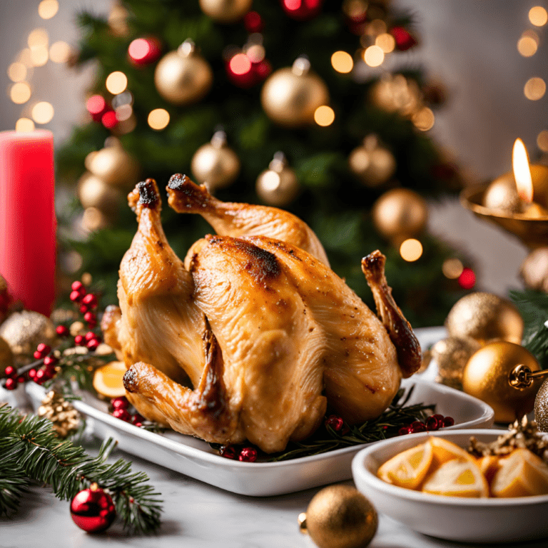 Roasted chicken on a white platter with gold ornaments, pine sprigs, and a Christmas tree in the background.