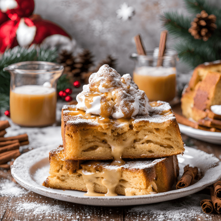 A holiday-inspired close-up of Eggnog French Toast Bake with caramel and whipped cream oozing out of the layers.