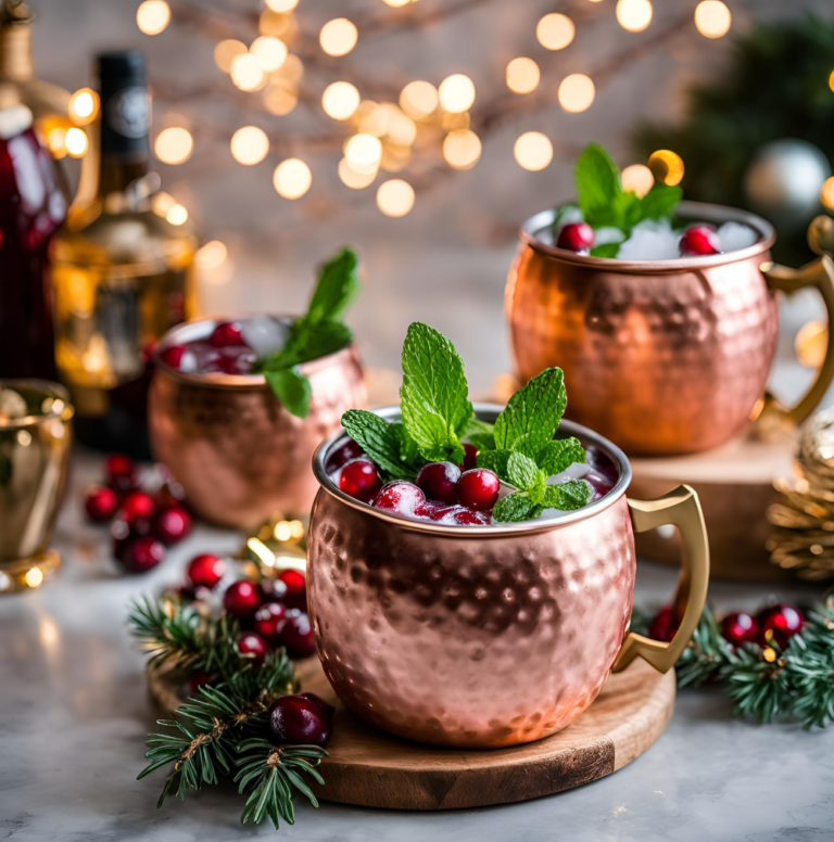 Copper Mugs with Cranberry Moscow Mules Surrounded by Holiday Decor