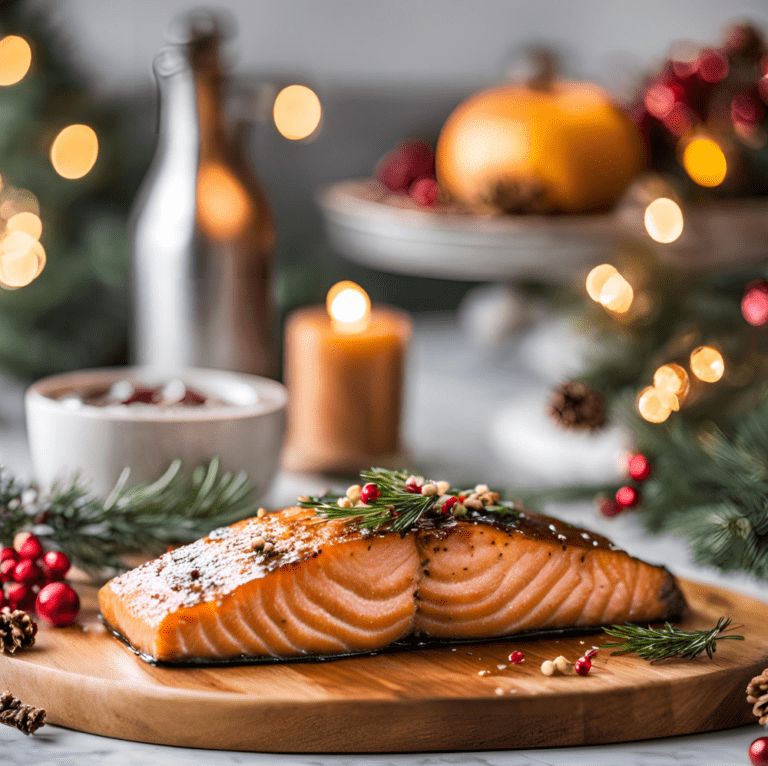 Golden baked salmon fillet with maple glaze on a wooden board, surrounded by Christmas decor including pinecones and candles.