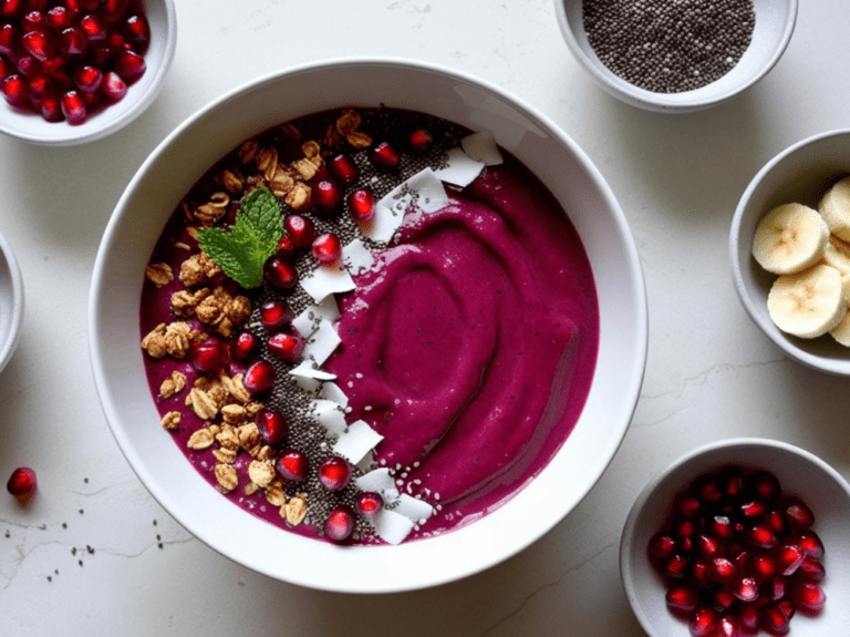 A close-up of a pomegranate smoothie bowl packed with banana slices, granola, chia seeds, and fresh pomegranate arils, placed alongside fresh ingredients.