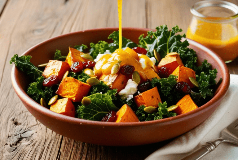 Roasted sweet potato and kale salad being drizzled with tangy dressing.