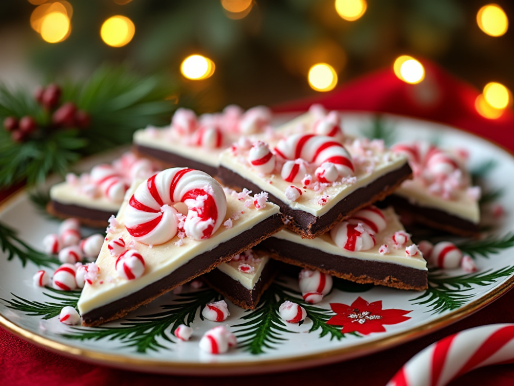 Peppermint bark triangles garnished with candy cane pieces and festive decor on a holiday plate.