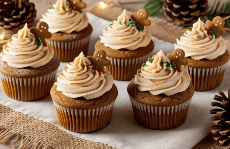 Gingerbread cupcakes on a round festive tray with pine branches and holiday decorations in the background.