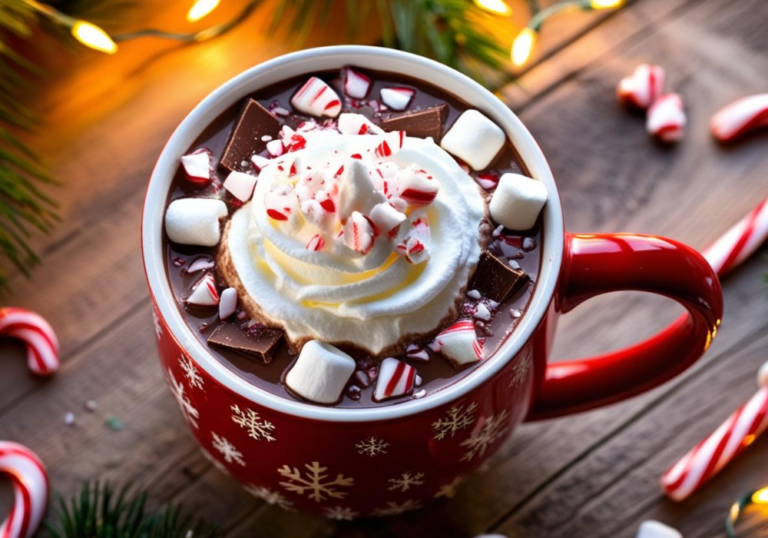 Overhead view of peppermint hot chocolate in a red mug with whipped cream, crushed candy canes, and mini marshmallows on a wooden table.