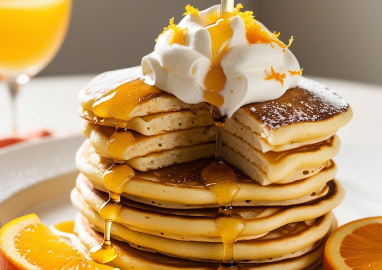 Stack of Mimosa Pancakes with a slice cut out, showcasing the fluffy texture, topped with whipped cream and syrup.