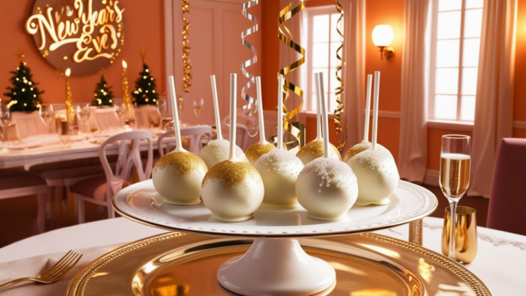 Champagne cake pops served on a gold tray, surrounded by elegant New Year table settings and champagne flutes.