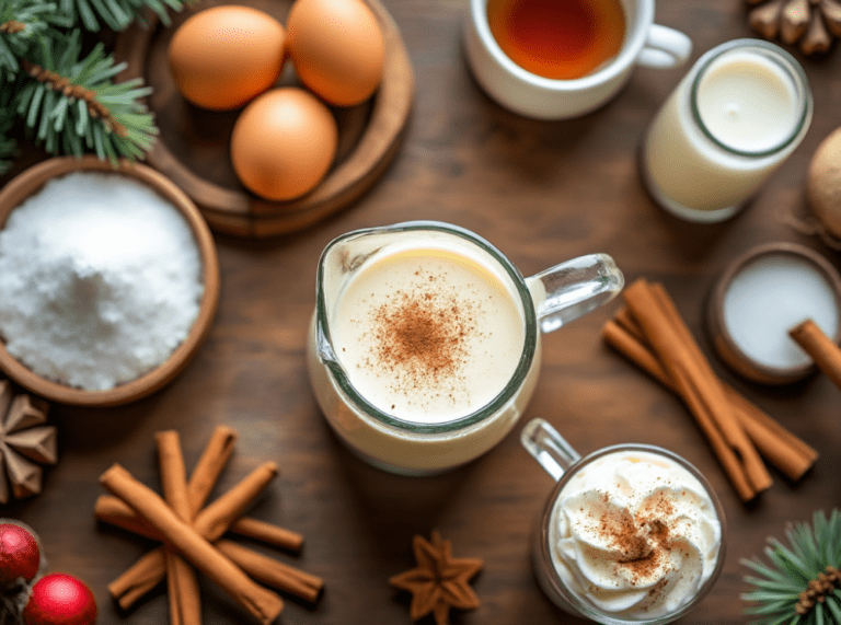 Eggnog in a pitcher and mug with cinnamon, surrounded by eggs, sugar, and other fresh ingredients on a rustic table.