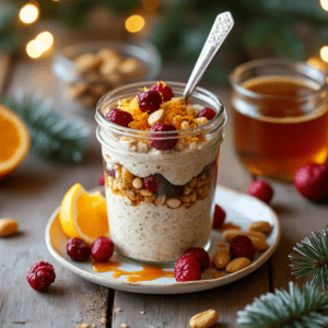 A jar of Cranberry Orange Overnight Oats served with almonds, cranberries, and fresh oranges, set on a rustic wooden table with holiday decorations.