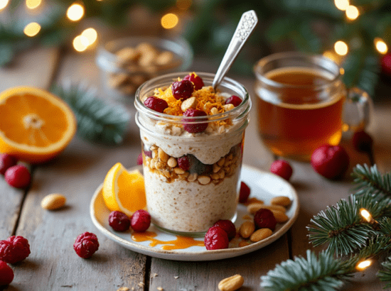 A jar of Cranberry Orange Overnight Oats served with almonds, cranberries, and fresh oranges, set on a rustic wooden table with holiday decorations.