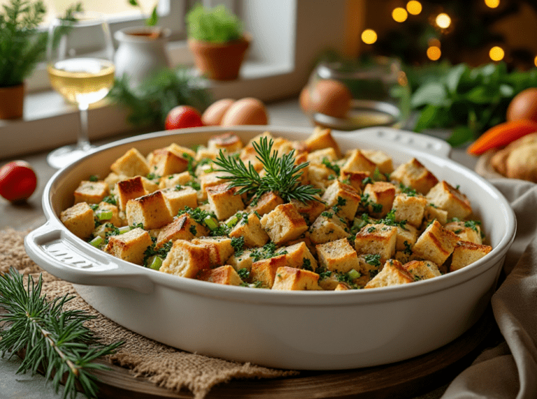 A white ceramic dish of golden-brown Gluten-Free Stuffing garnished with fresh rosemary, displayed on a rustic table with holiday decorations and ingredients.