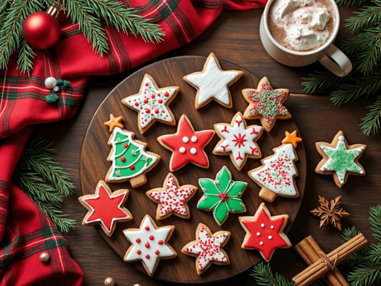 A plate of Christmas cookies with festive decorations, including stars, trees, and snowflakes.