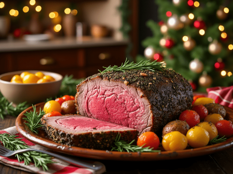 Herb-crusted prime rib on a rustic wooden plate surrounded by roasted cherry tomatoes and holiday decorations.