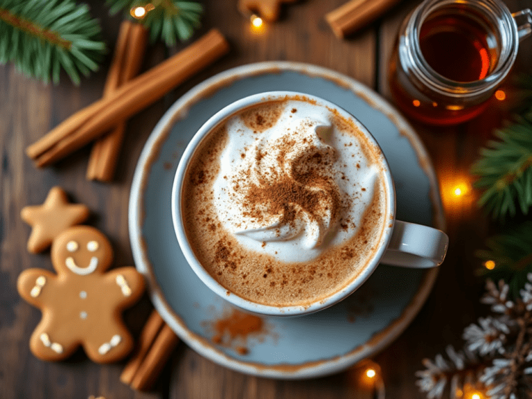 A top-down view of a gingerbread latte surrounded by snowflake cookies and holiday decorations.