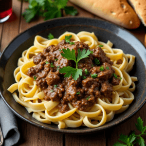 Beef stroganoff served on a black plate with parsley garnish, surrounded by bread, wine, and a cozy table setting.