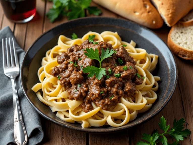 Beef stroganoff served on a black plate with parsley garnish, surrounded by bread, wine, and a cozy table setting.