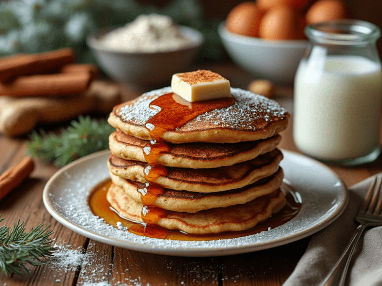 Stack of gingerbread pancakes with butter and a syrup drizzle, surrounded by festive pine branches and pecans.