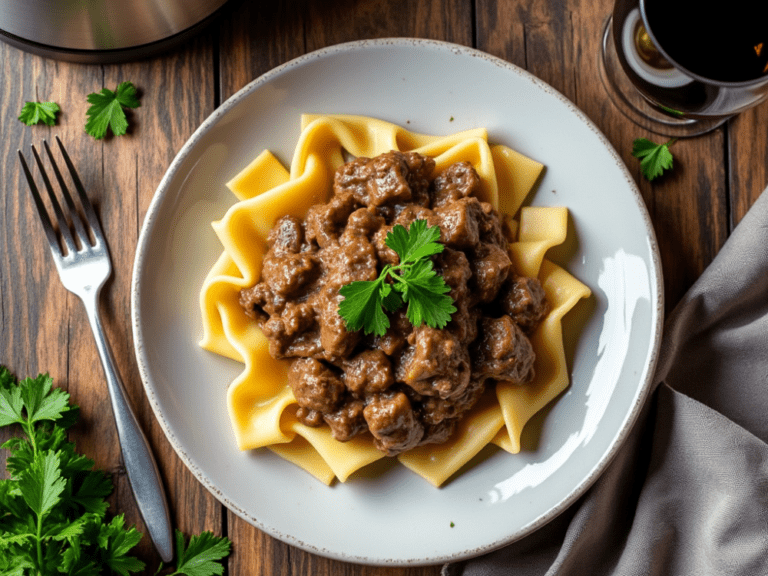 Top-down view of beef stroganoff on egg noodles, garnished with parsley, served on a white plate with rustic elements around it.