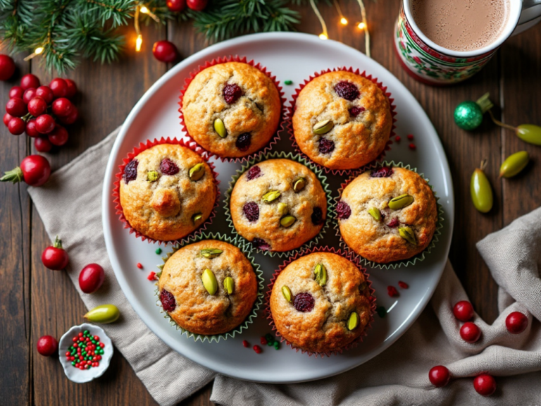 A round plate of muffins topped with pistachios and cranberries, surrounded by festive decor and twinkling holiday lights.