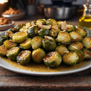 A dinner table view of roasted Brussels sprouts with almonds served on a white plate, with olive oil and herbs in the background.