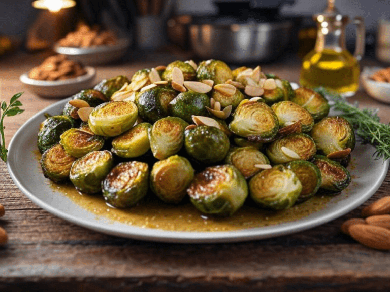 A dinner table view of roasted Brussels sprouts with almonds served on a white plate, with olive oil and herbs in the background.