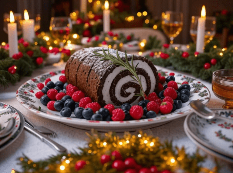 A chocolate yule log with a spiral interior surrounded by berries, on a decorated Christmas dinner table.