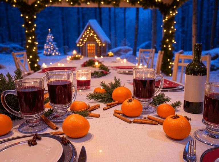 A Christmas table with mulled wine, oranges, spices, and a gingerbread house in a snowy outdoor setting.