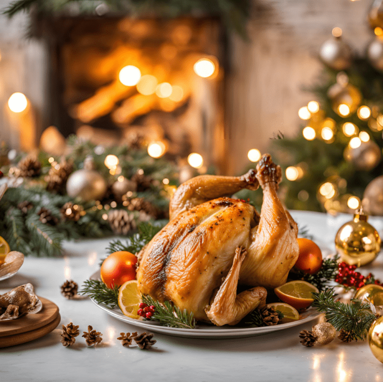 Roasted chicken garnished with lemon and rosemary, surrounded by festive decor and served on a marble table.