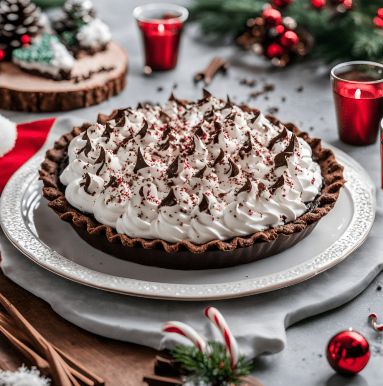 A chocolate peppermint pie with intricate whipped cream swirls and red sprinkles, placed on a decorative table with holiday ornaments and candles.