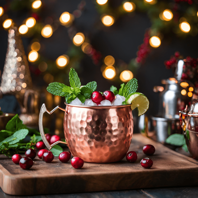 Holiday Cranberry Moscow Mule Served in Copper Mugs with Pine and Cranberry Accents