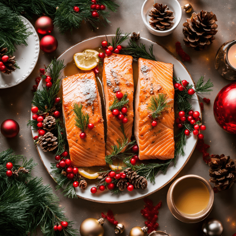 Three baked salmon fillets with maple glaze on a platter, garnished with rosemary and surrounded by Christmas decor.