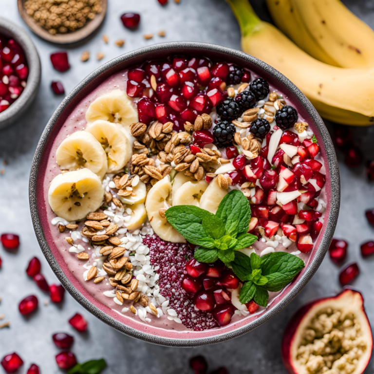 A detailed view of a vibrant smoothie bowl garnished with bananas, mint leaves, and festive toppings, set in a cozy holiday kitchen.