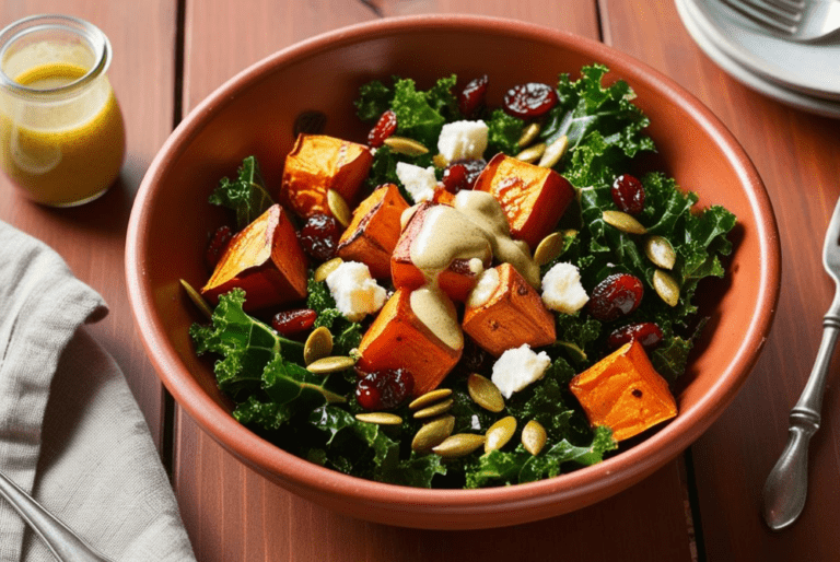 A bowl of roasted sweet potato and kale salad with goat cheese, cranberries, and seeds.