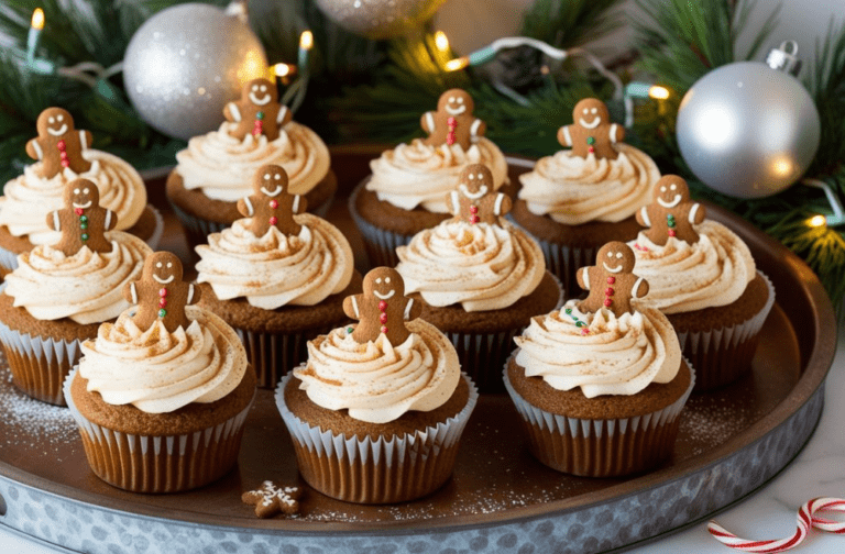 Gingerbread cupcakes with red and white holiday sprinkles, gingerbread men toppers, and cream cheese frosting.