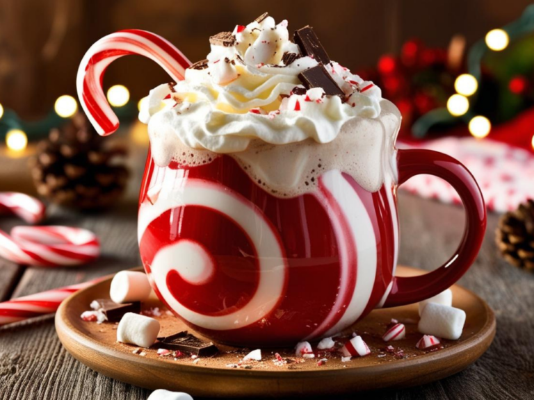 Swirl mug of peppermint hot chocolate with candy cane, whipped cream, and chocolate on a wooden plate, surrounded by holiday decor.