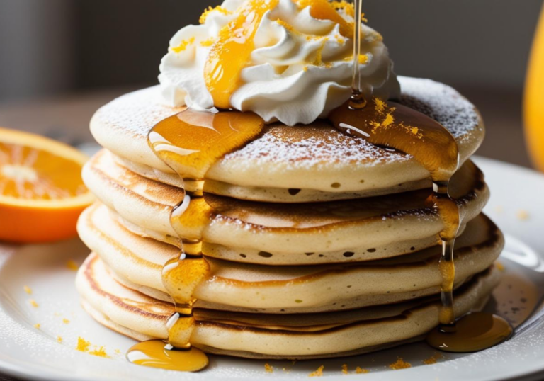 Stack of Sparkling Citrus Mimosa Pancakes with syrup dripping down, topped with whipped cream and garnished with orange zest.