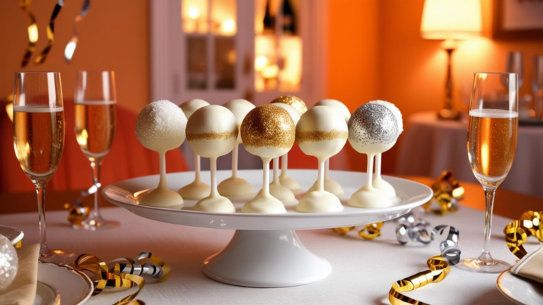 Champagne cake pops with glittery decorations on a gold cake stand, surrounded by champagne glasses and festive ribbons.