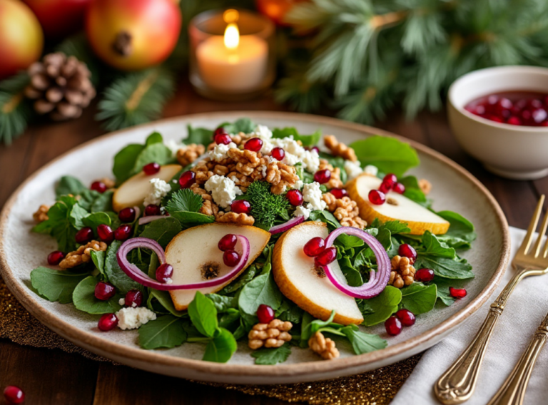 A holiday salad with fresh greens, pears, pomegranate seeds, and walnuts, served on a beige plate with gold holiday decor.