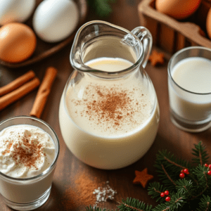 A festive holiday setup with a pitcher and mug of eggnog, surrounded by candy canes, cookies, and Christmas stockings by a cozy fireplace.