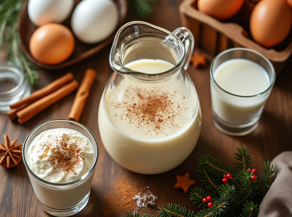 A festive holiday setup with a pitcher and mug of eggnog, surrounded by candy canes, cookies, and Christmas stockings by a cozy fireplace.