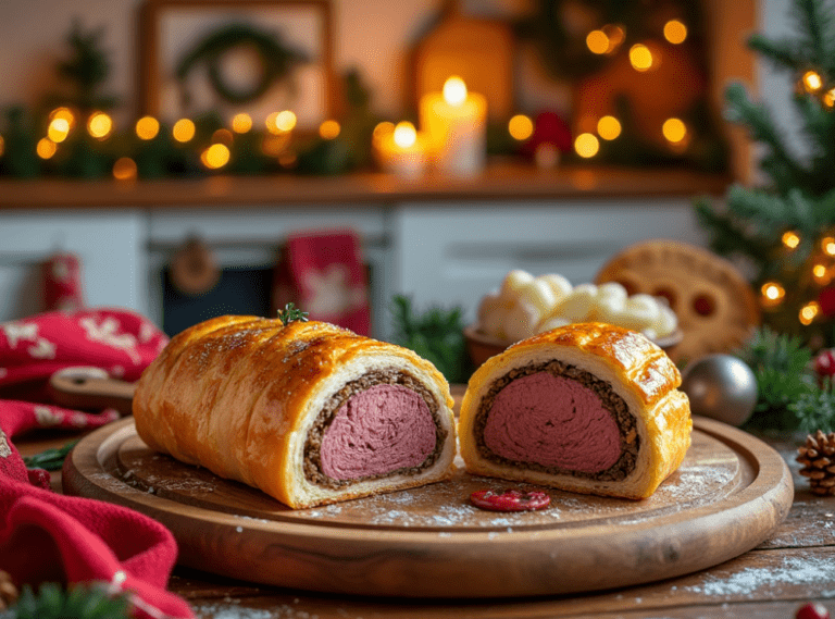 Close-up of a sliced Beef Wellington with mushrooms and festive holiday decor