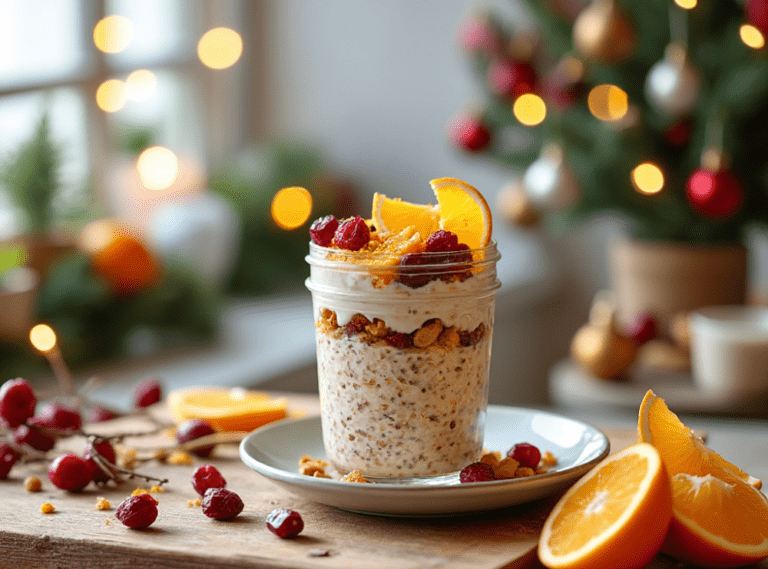 A bright jar of Cranberry Orange Overnight Oats topped with fresh oranges and cranberries, with a decorated Christmas tree in the background.