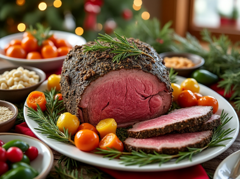 Close-up of herb-crusted prime rib with colorful roasted vegetables and festive Christmas lights.