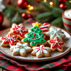 Christmas cookies with green, red, and white icing on a wooden platter with holiday decorations.