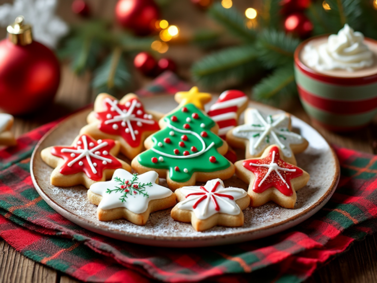 Christmas cookies with green, red, and white icing on a wooden platter with holiday decorations.