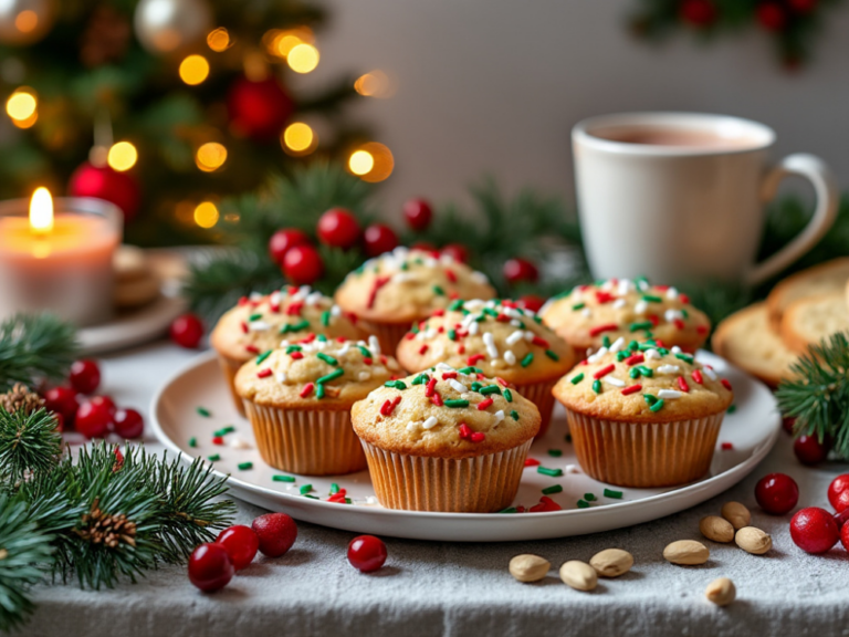 Christmas muffins with festive sprinkles on a plate, surrounded by holiday greenery and decorations.