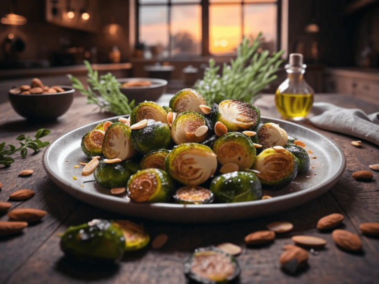 A sunset-lit dining table with roasted Brussels sprouts and almonds served with olive oil and fresh herbs.